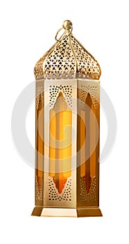 Golden metal lantern isolated on white background for Islamic festivals, brass lantern, metal lantern