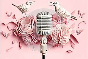 Golden metal microphone decorated with pink flowers and small birds of paradise, pink pastel background, copy space