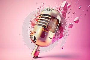 Golden metal microphone shatters explodes into large and small pieces, pink bright background. Grunge, nostalgia
