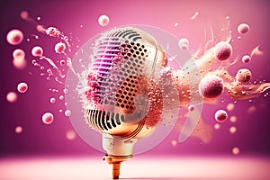 Golden metal microphone shatters explodes into large and small pieces, pink bright background. Grunge, nostalgia