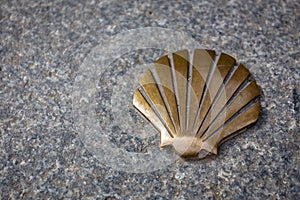 Golden metal Scallop Shell, symbol of Camino de Santiago route.