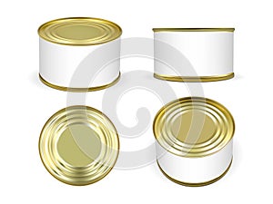 Golden metal tin can isolated on white background mock up