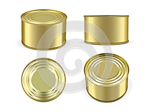 Golden metal tin can isolated on white background mock up