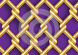 Golden metal wire fence template. Gold chains intertwining and overlapping, vector isolated on purple background