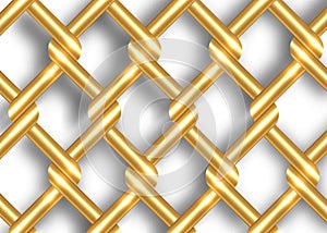 Golden metal wire fence template. Gold chains intertwining and overlapping, vector isolated on white background