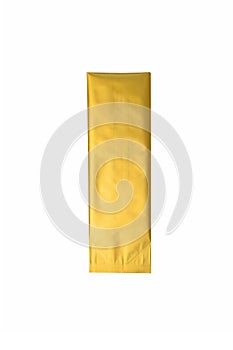 Golden metalized side gusset pouch bag isolated on white background. Empty blank foil coffee packaging template mockup