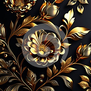 Golden metallic 3d flowers and leaves with black background