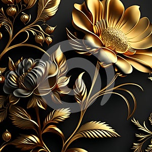 Golden metallic 3d rose floral with black background