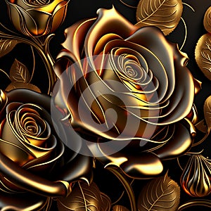 Golden metallic 3d Roses and leaves with black background