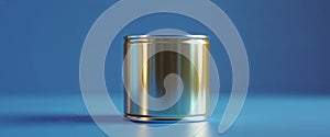A golden metallic food can on a simple blue surface. photo