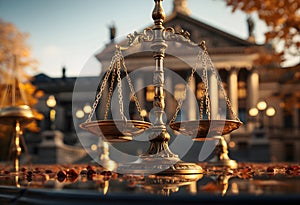 A golden metallic scale standing parallel to the ground with a blurred background. It appears to be a court of law. represents