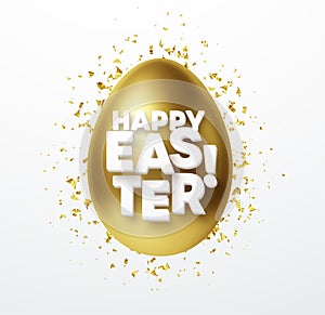 Golden metallic shiny Eastr Egg and typography Happy Easter. 3D realistic lettering for the design of flyers, brochures