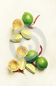 Golden mexican tequila with lime and salt, white bar counter, summer drink background, top view