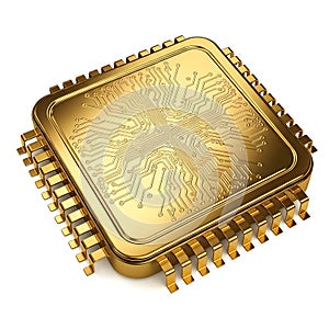 Golden microchip with intricate circuit board pattern