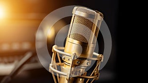 the golden microphone on black background