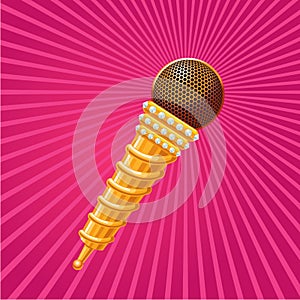 Golden microphone decorated with crystals. Music sign.