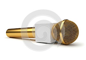A golden microphone head and handle isolated on white background