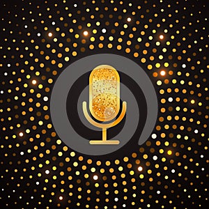 Golden microphone icon on abstract gold halftone circle background. Karaoke party shiny luxury banner