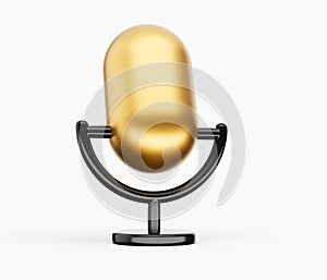 Golden microphone, mic live studio recording and broadcasting. Music award or sound 3d illustration