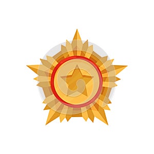 Golden military medal. Honorable award for courage and valor. Gold star order. Army reward. Flat vector icon photo