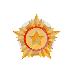 Golden military medal. Honorable award for courage and valor. Gold star order. Army reward. Flat vector icon