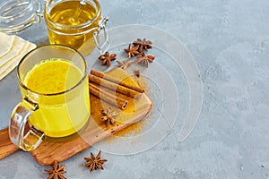 Golden milk in a transparent glass cup. Curcumin, anise, cinnamon virus protection. The concept of health and longevity photo