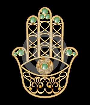Golden Miriam hand with eye shape in filigree design with green emerald gem, amulet of protection