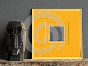 Golden mock up picture frame on dark plaster wall with black marble head sculpture on wooden shelf, 3d illustration