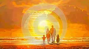 Golden Moment: Happy Family at Sunset on a Warm Beach, Creating a Serene and Evocative Atmosphere