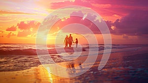 Golden Moment: Happy Family at Sunset on a Warm Beach, Creating a Serene and Evocative Atmosphere