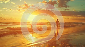 Golden Moment: Happy Family at Sunset on a Warm Beach, Creating a Serene and Evocative Atmosphere