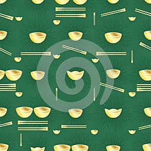 Golden money bowl chopstick seamless pattern photo