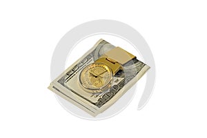 Golden money clip with dollars isolated on white