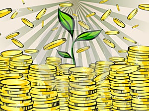 Golden money stacks with green sprout of wealth tree. Gold coins. Retro vector illustration of the shining wealth.