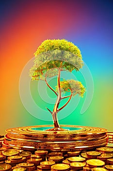 A golden money tree rising from golden coins, symbolizing wealth growth and business success