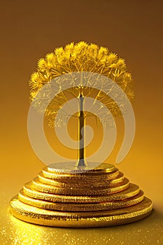 A golden money tree rising from golden coins, symbolizing wealth growth and business success