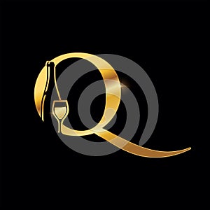 Golden Monogram Letter Q Wine and Bottle Sign