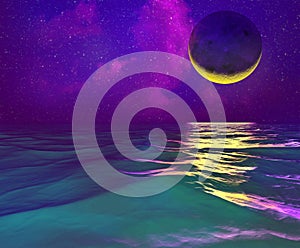 Golden moon crescent moon. moonscape with stars moonwalk in the ocean sea