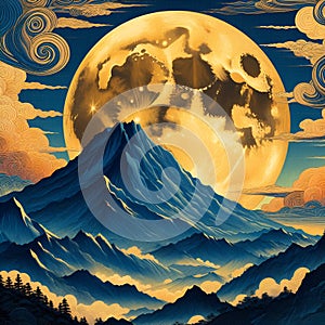 Golden moon with great blue mountain, in Hokusai style, smoke, clouds, sky, bold painting art, nature view, panoramic photo