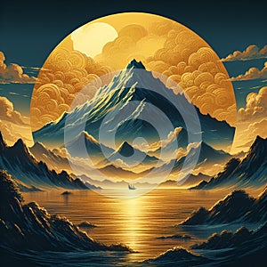 Golden moon with great mountains, Hokusai style, digital painting art, lake, river photo