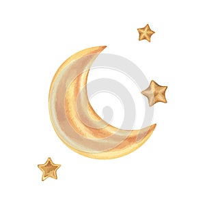 Golden moon and star set Vector illustration. Hand drawn graphic clipart on white isolated background. Watercolor