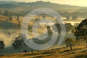 Golden Morning Mist Over Rural Landscape