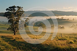 Golden Morning Mist Over Rural Landscape