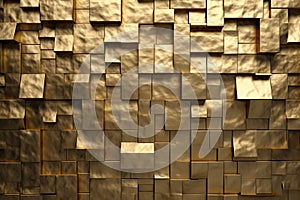 Golden mosaic background. Gold random decoration. Cubic backdrop. Geometric illustration of glossy square shapes. Architectural