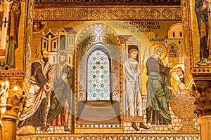 Golden mosaic in La Martorana church, Palermo, Italy photo