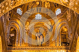 Golden mosaic in La Martorana church, Palermo, Italy photo