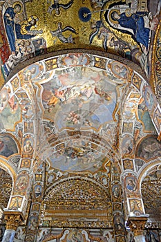 Close up Golden mosaics and decor in Santa Maria dell`Ammiraglio, Palermo, Sicily Italy photo