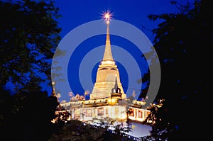 Golden mount phu khao thong in twilight time, Wat Saket, The Golden mountain temple, famous temple in Bangkok