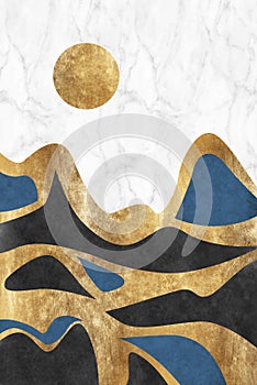Golden mountains art with marble texture. Luxury wallpaper design with gold foil shiny sketch of mountain Landscape.
