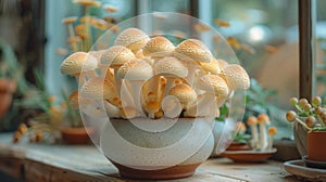 Golden mushrooms in a ceramic pot - generative ai photo